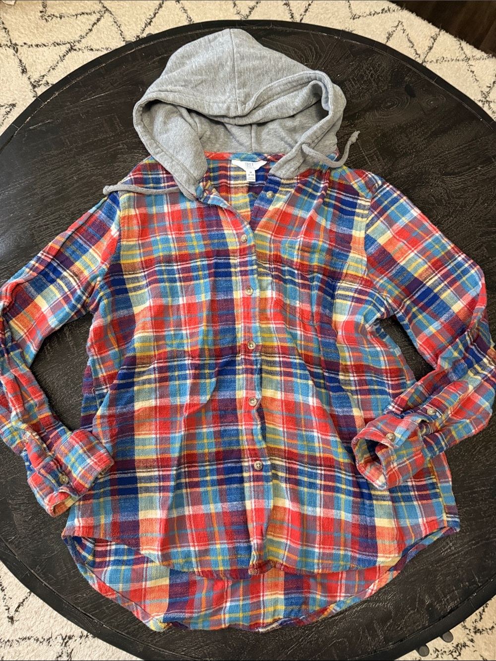Time and Tru Red Blue Yellow Plaid Hooded Button-Down Shirt